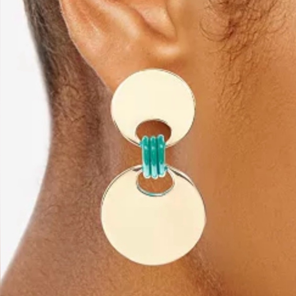 On 34th Gold Tone and Teal Dangle Post Earrings. NWT